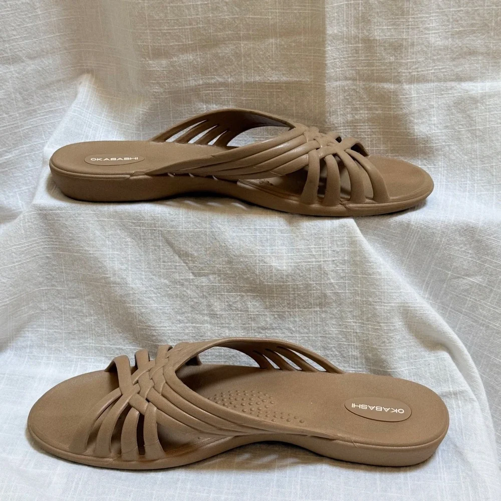 Okabashi Maui Slide Sandals Size L 9.5-10.5 Tan Brown Cross Strap Comfort USA‎